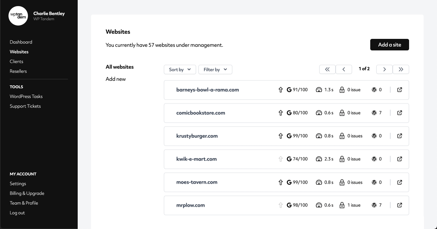 screenshot of a wordpress management dashboard showing a list of websites