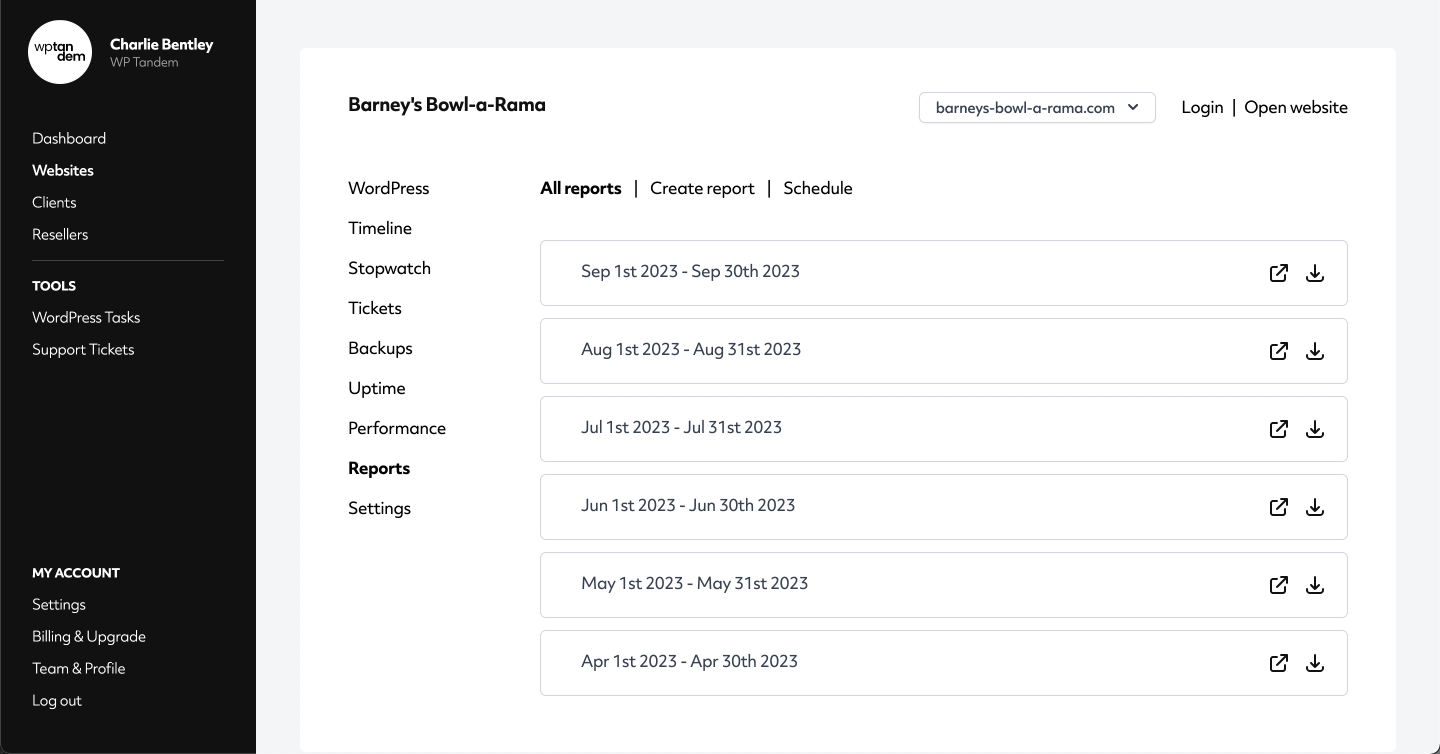 screenshot of a wordpress management dashboard showing a list of client reports